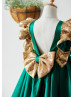 Emerald Green Satin Gold Sequin V Back Flower Girl Dress